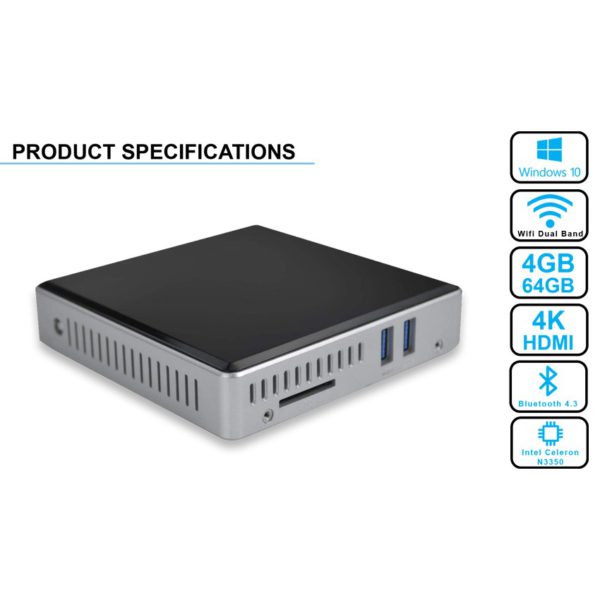 Mini Pc X3350 Windows 10 Pro ( 64 Bits ) Intel-N3350 Fanless Hdmi/Vga 4K Hd 4Gb/128Gb / Wifi Auto Power On